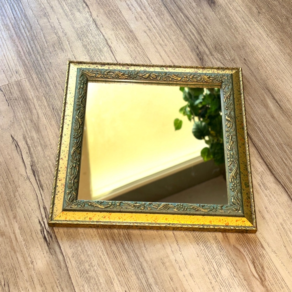 Vtg Ornate Square Wall Mirror Gold Verdigris Floral Scrollwork Frame 9.5in - Picture 7 of 16